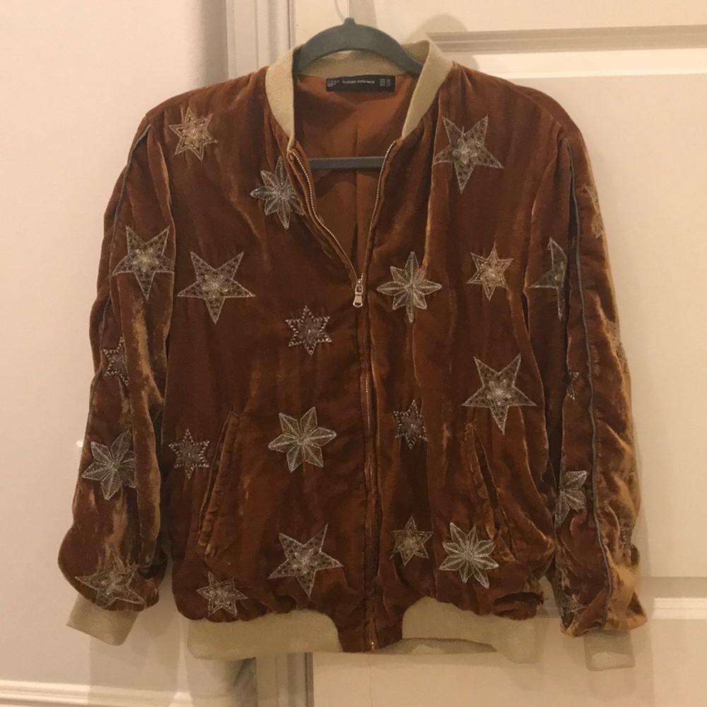 Zara Crushed Velvet Star Embroidered Bomber Jacket